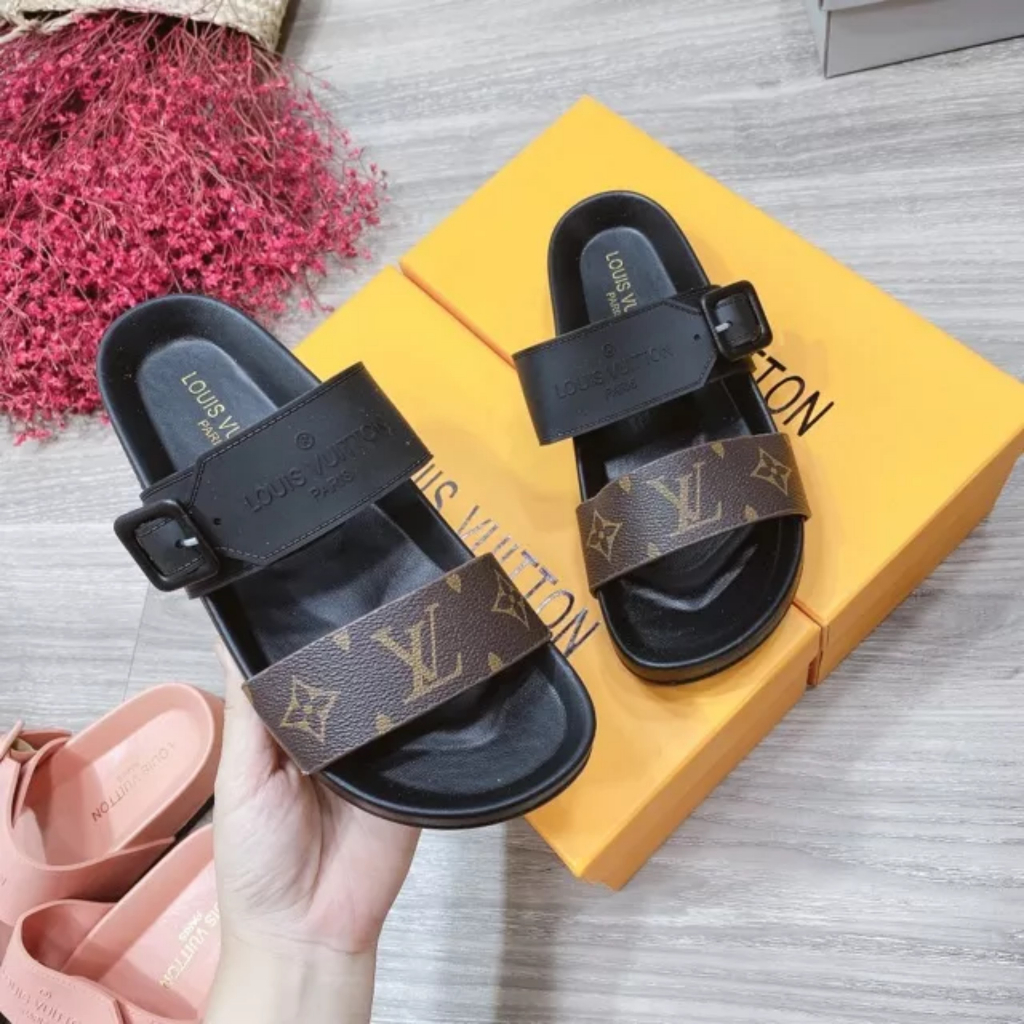 Dép nữ đế thấp hai quai họa tiết hoa nâu Nguyên hộp hãng cao cấp