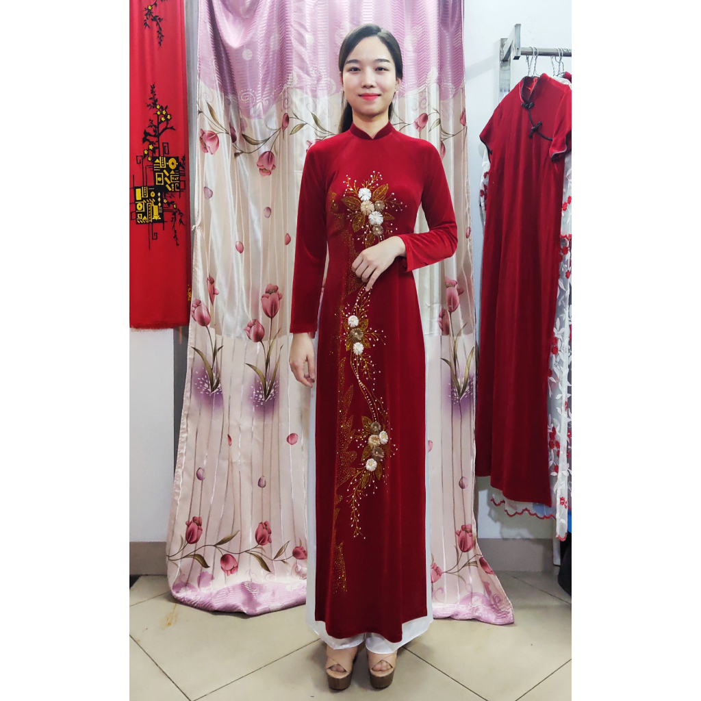 Áo dài nhung thêu thêu hoa cúc kết kim sa trung niên cổ 2cm truyền thống cho mẹ, bà sui mặc lễ tết, cưới con, đi lễ chùa