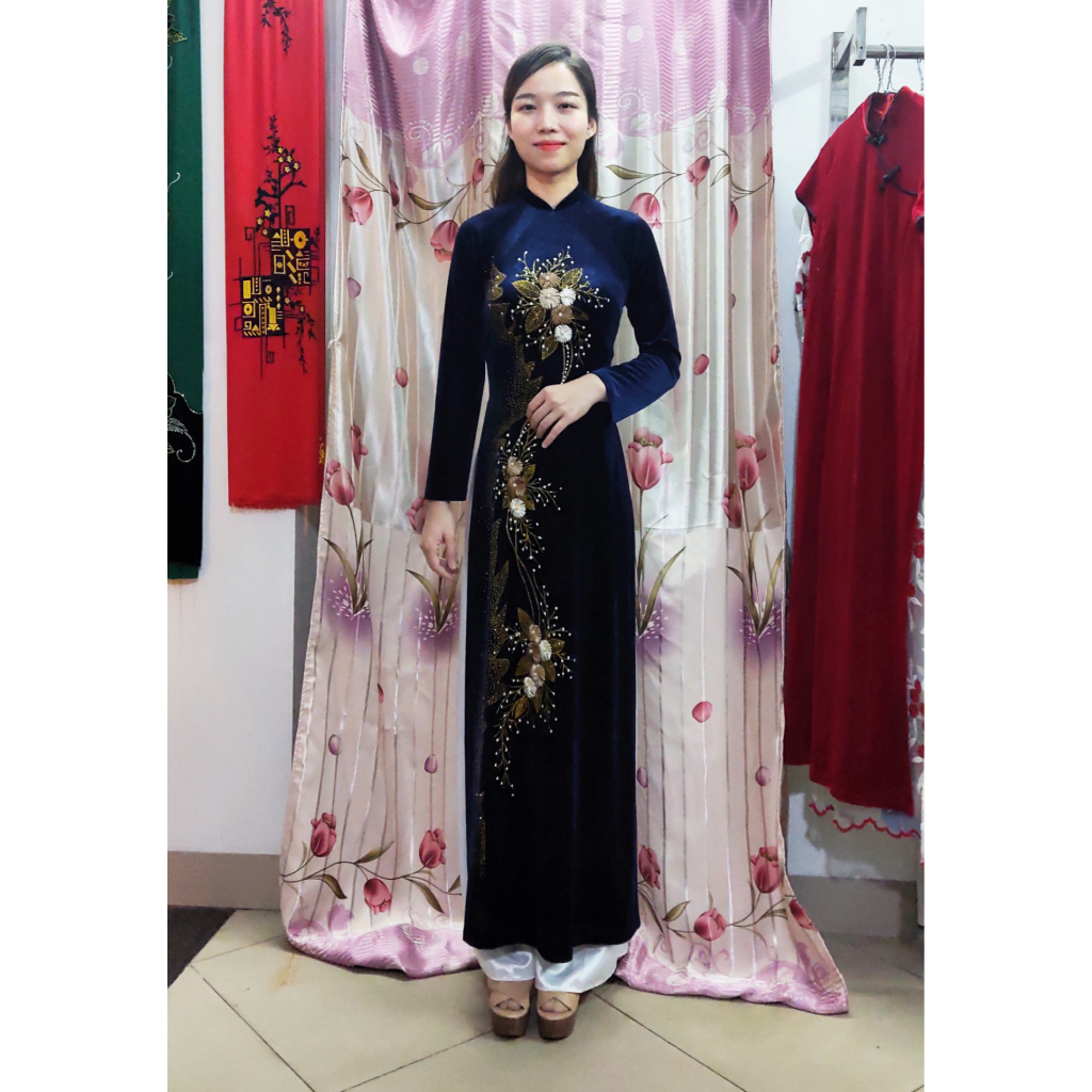 Áo dài nhung thêu thêu hoa cúc kết kim sa trung niên cổ 2cm truyền thống cho mẹ, bà sui mặc lễ tết, cưới con, đi lễ chùa