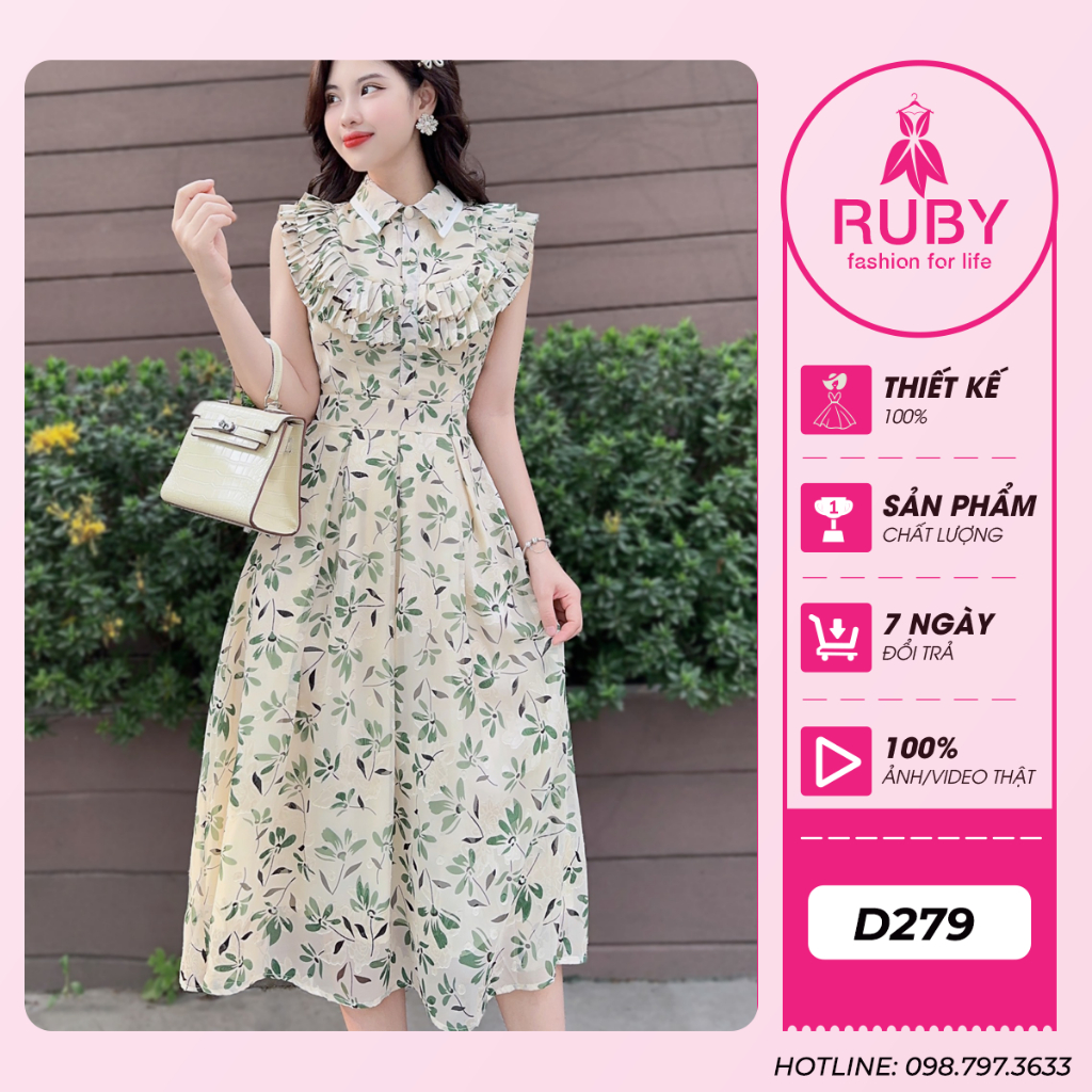 Đầm Dáng Xòe Cổ Đức Bèo Ngực Ruby D279 họa tiết hoa lá màu be cực xinh, Đầm Đi Biển check in sang chảnh