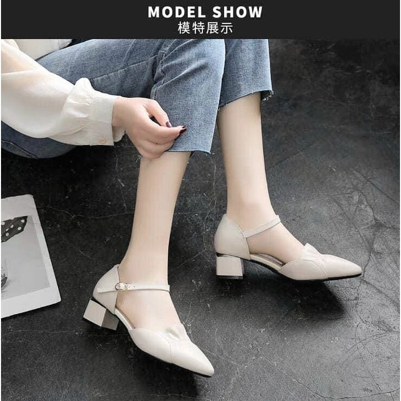 Giày Sandal Nữ Bít Mũi Đế Cao 5p Nhún Bèo Tiểu Thư 2023