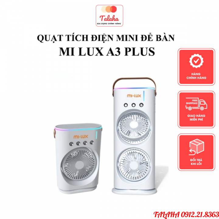 Quạt điều hòa tích điện Mi-Lux A3 Plus Xiaomi, 2 cánh gió, làm mát bằng hơi nước, phun sương, đèn Led, BH 12 tháng