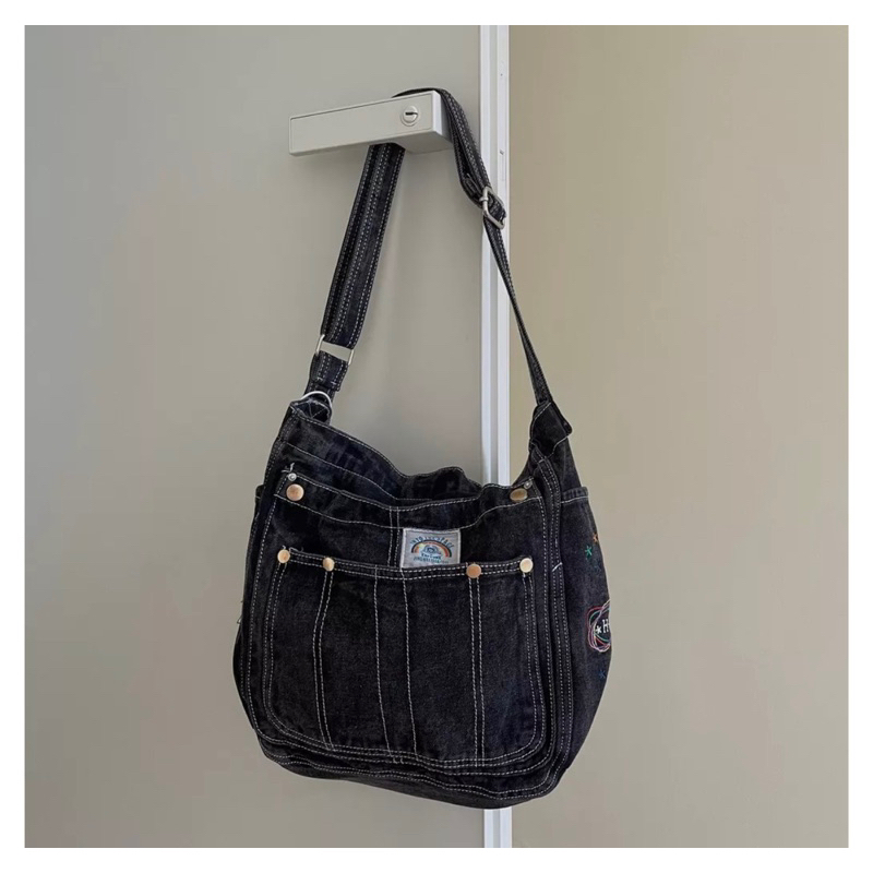 Túi Xách Túi Đeo Vai Denim Cỡ Lớn Hoạ Tiết Thêu Thời Trang Unisex Nam Nữ