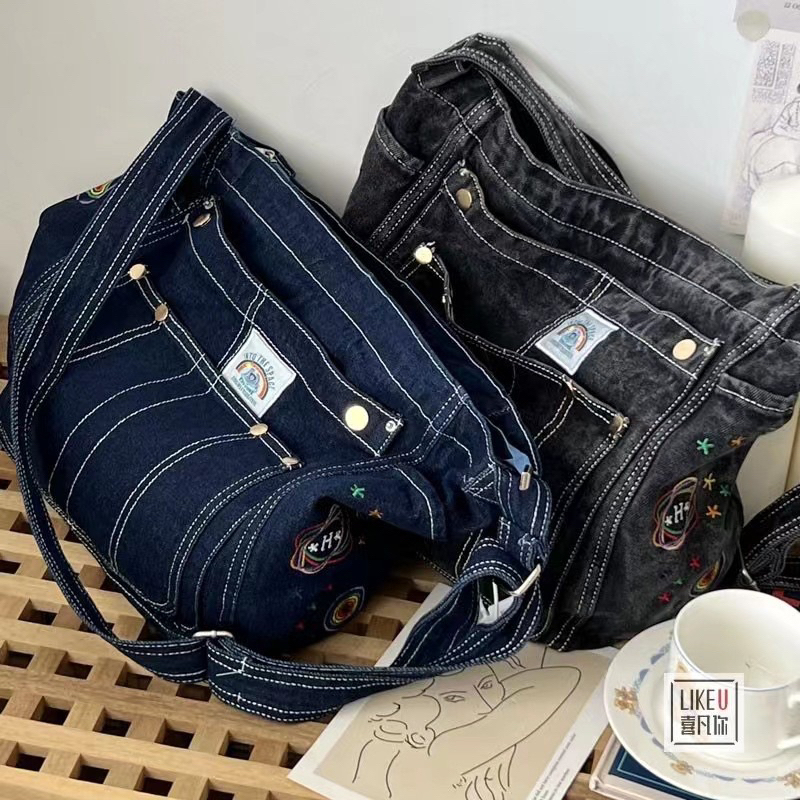 Túi Xách Túi Đeo Vai Denim Cỡ Lớn Hoạ Tiết Thêu Thời Trang Unisex Nam Nữ