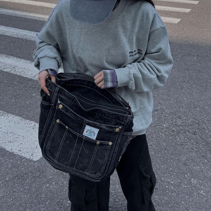 Túi Xách Túi Đeo Vai Denim Cỡ Lớn Hoạ Tiết Thêu Thời Trang Unisex Nam Nữ