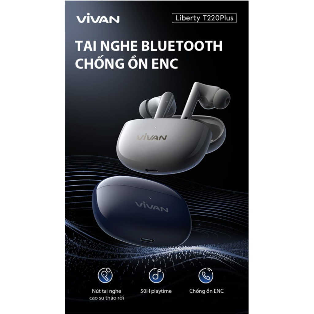 Tai Nghe Bluetooth VIVAN Liberty T220 Plus 2 Màu Midnight/ White 4 Mic Chống Ồn, Màng Loa Cao Cấp - BẢO HÀNH 12 THÁNG