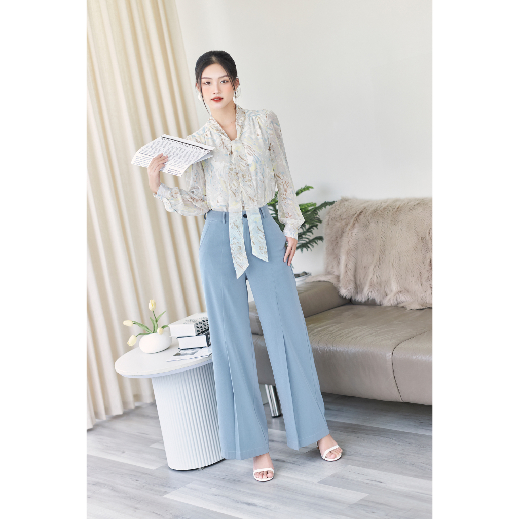 Áo Sơ Mi Nữ Thắt Nơ GILLEE Tay Phồng Voan Họa Tiết Có Lót FAK058