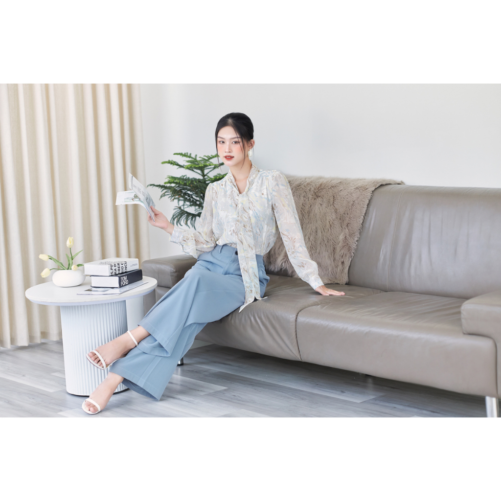 Áo Sơ Mi Nữ Thắt Nơ GILLEE Tay Phồng Voan Họa Tiết Có Lót FAK058