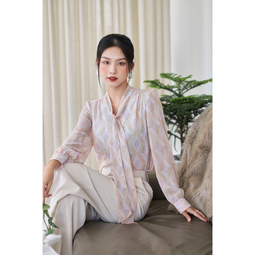 Áo Sơ Mi Nữ Thắt Nơ GILLEE Tay Phồng Voan Hình Thoi Có Lót FAK059