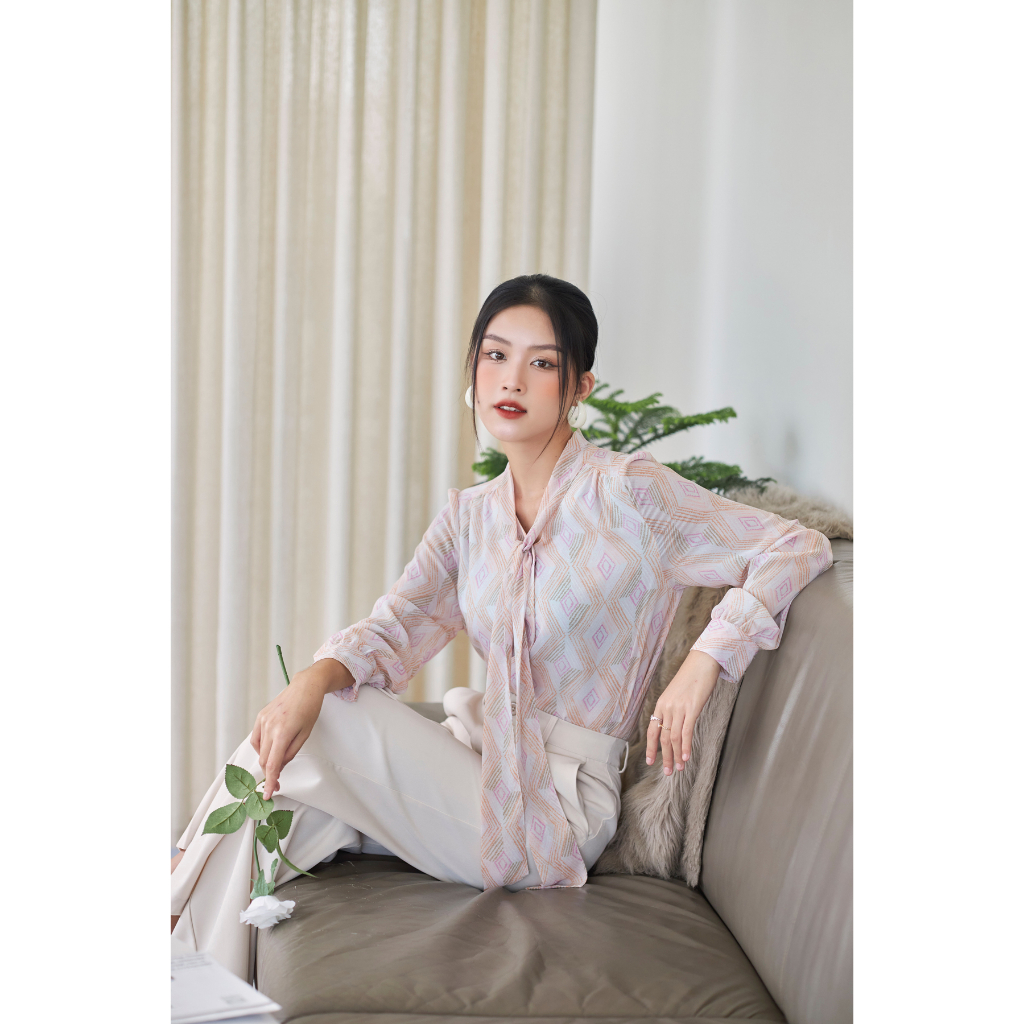 Áo Sơ Mi Nữ Thắt Nơ GILLEE Tay Phồng Voan Hình Thoi Có Lót FAK059