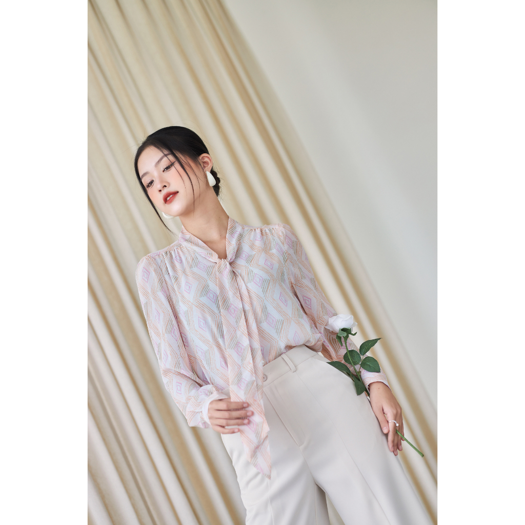 Áo Sơ Mi Nữ Thắt Nơ GILLEE Tay Phồng Voan Hình Thoi Có Lót FAK059