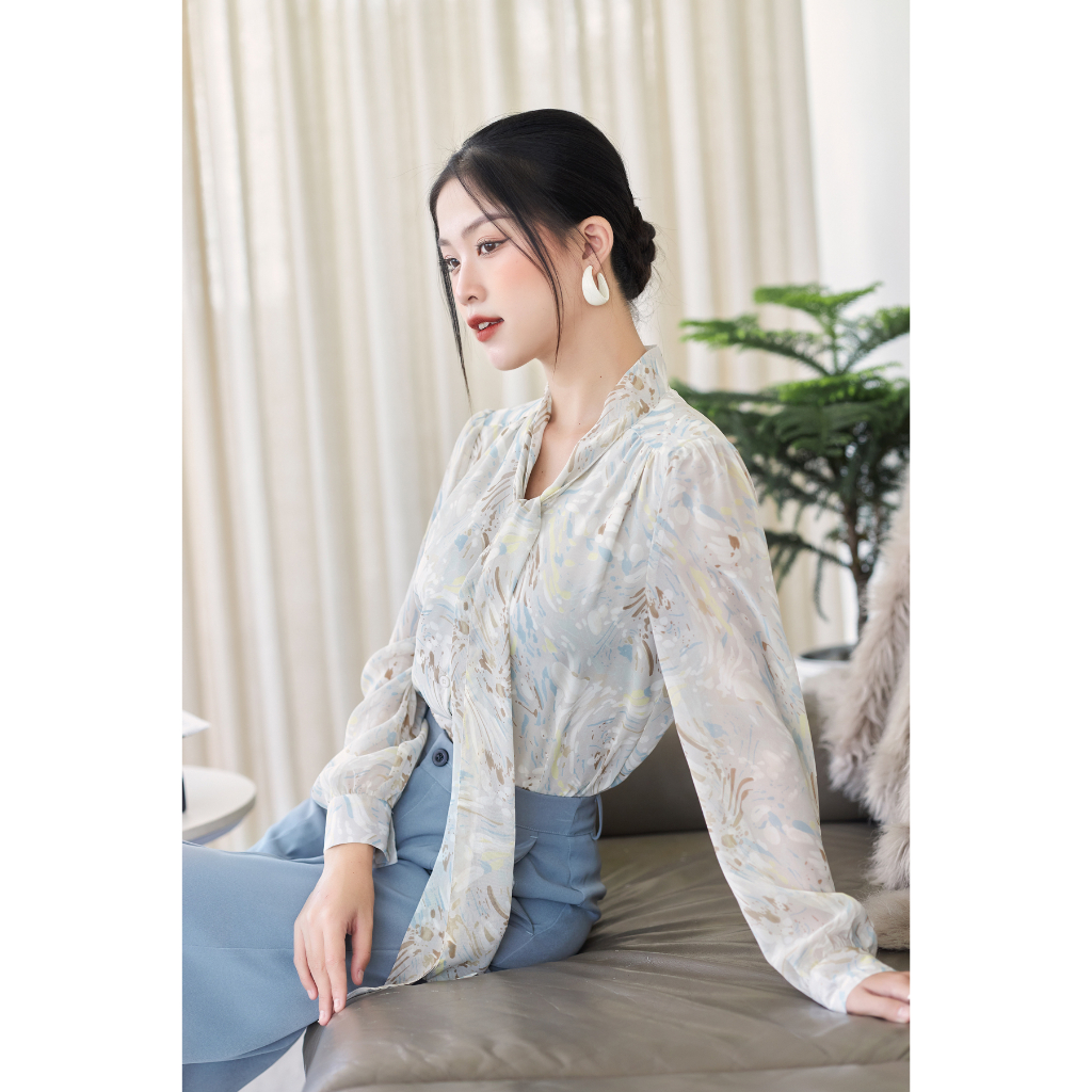 Áo Sơ Mi Nữ Thắt Nơ GILLEE Tay Phồng Voan Họa Tiết Có Lót FAK058