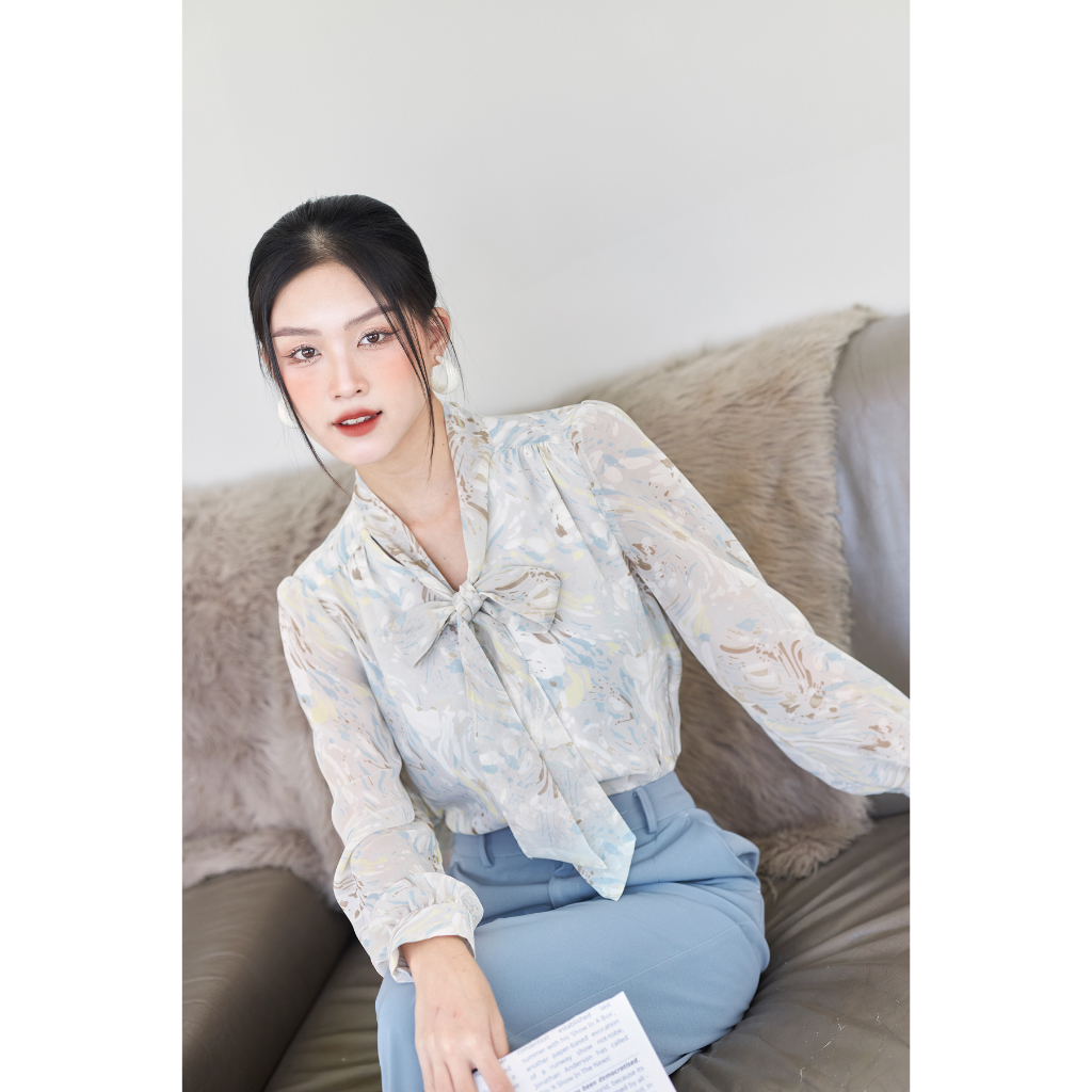 Áo Sơ Mi Nữ Thắt Nơ GILLEE Tay Phồng Voan Họa Tiết Có Lót FAK058