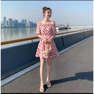 Đầm babydo bệt vai hoa tiết chấm bi