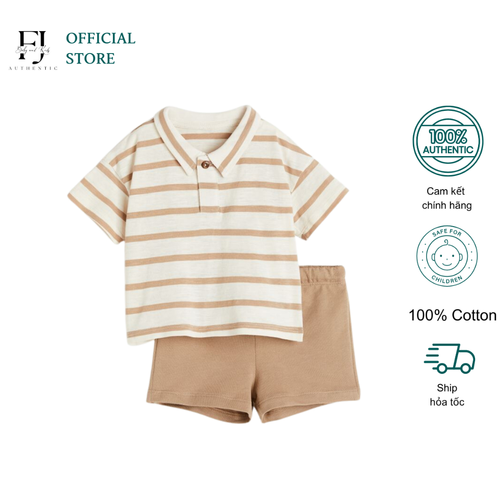 Bộ quần áo kẻ nâu bé trai HM đồ bộ ngắn tay ngày hè chất liệu cotton chính hãng cho bé 9 tháng đến 4 tuổi