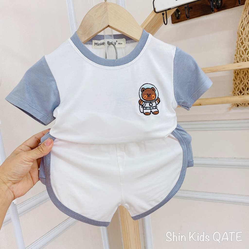 Bộ Cộc Tay Chất Thun Lạnh Phối Màu Thêu Logo Động Vật Dễ Thương Dành Cho Bé