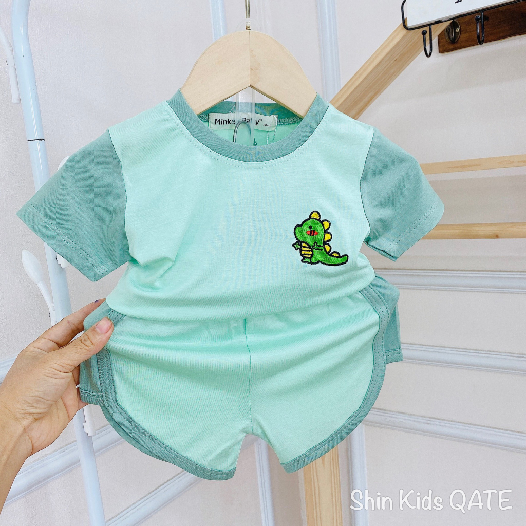 Bộ Cộc Tay Chất Thun Lạnh Phối Màu Thêu Logo Động Vật Dễ Thương Dành Cho Bé