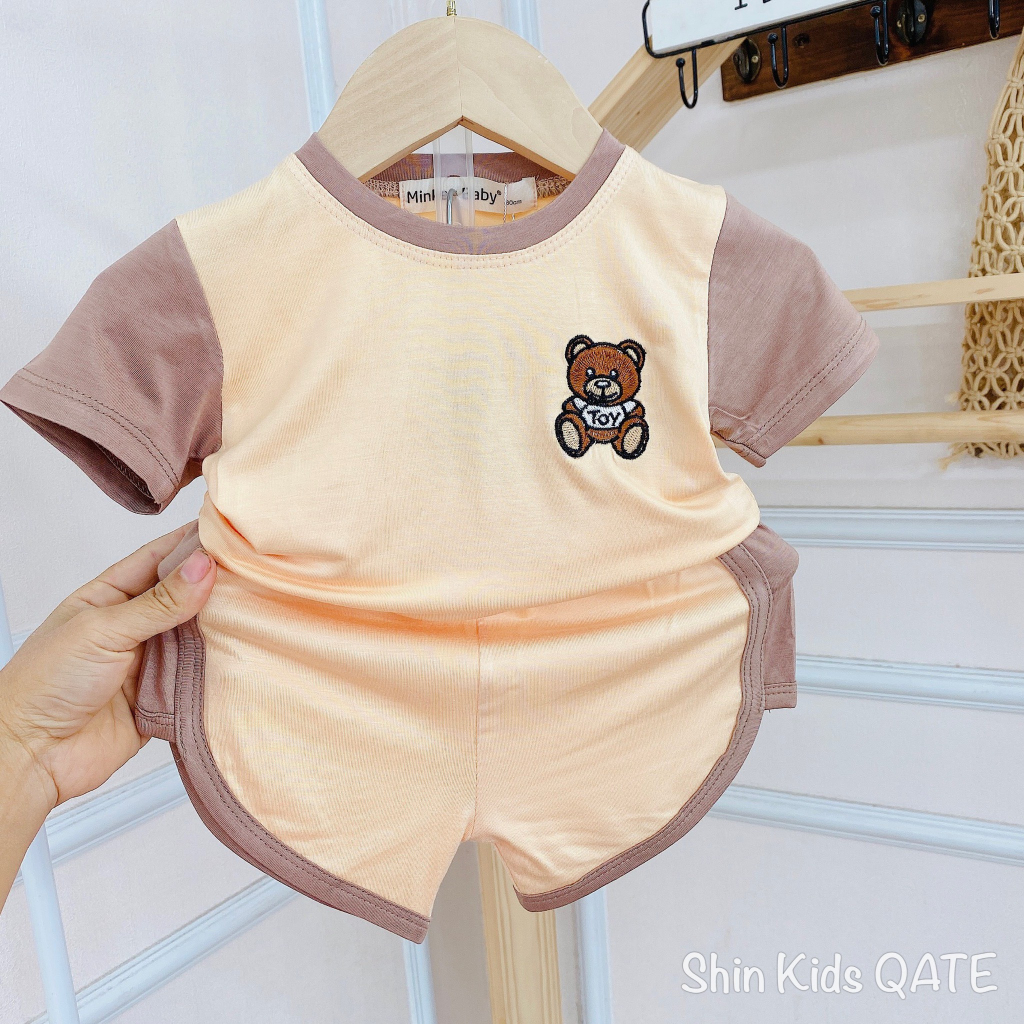 Bộ Cộc Tay Chất Thun Lạnh Phối Màu Thêu Logo Động Vật Dễ Thương Dành Cho Bé