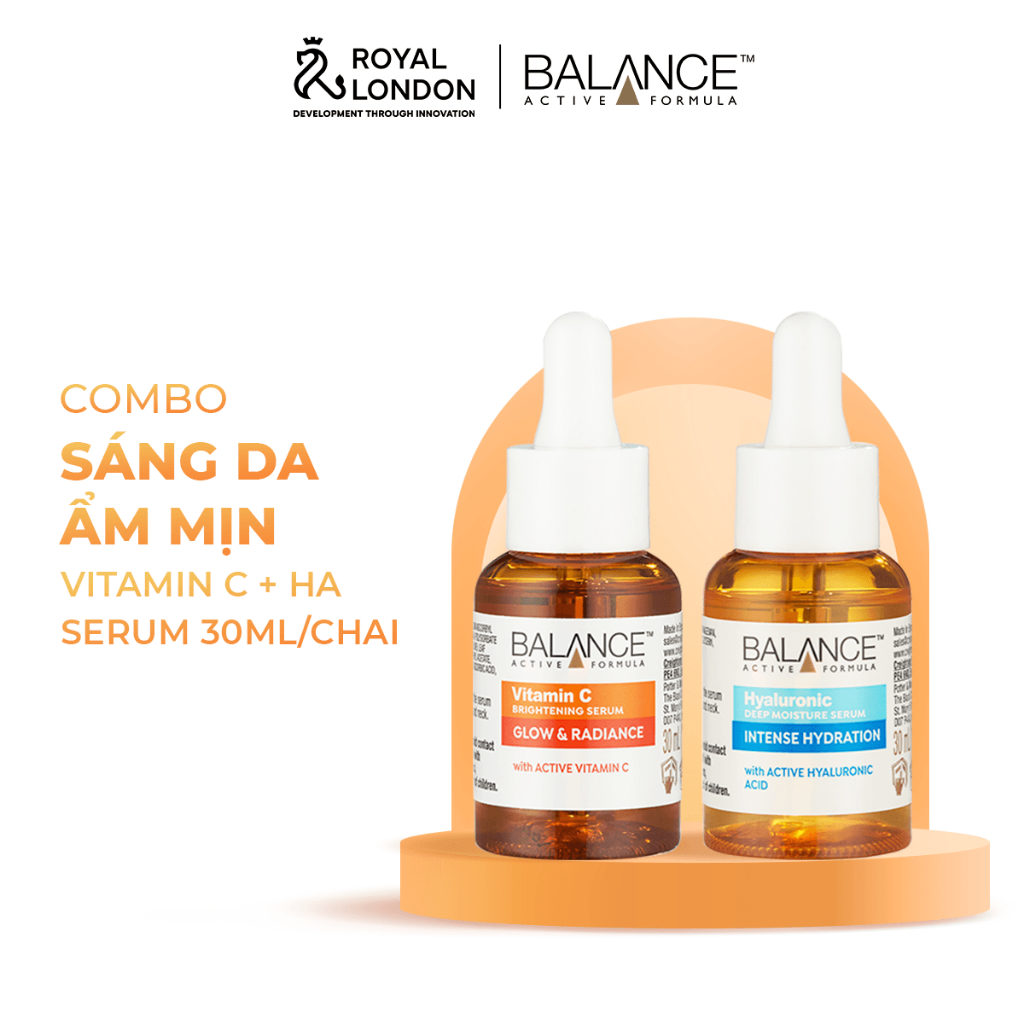 Combo trắng da căng mượt serum Vitamin C + serum Hyaluronic Balance Active Formula 30ml/ chai