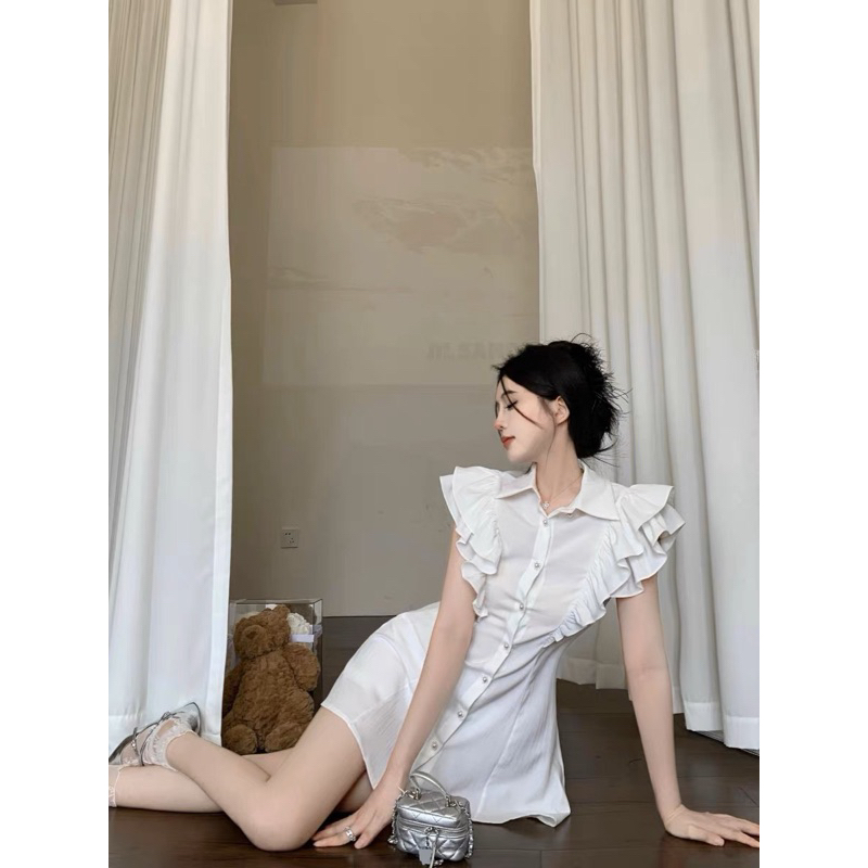 Váy sơ mi dáng ngắn bánh bèo phối tay bèo cánh tiên cúc ngọc tiểu thư sexy