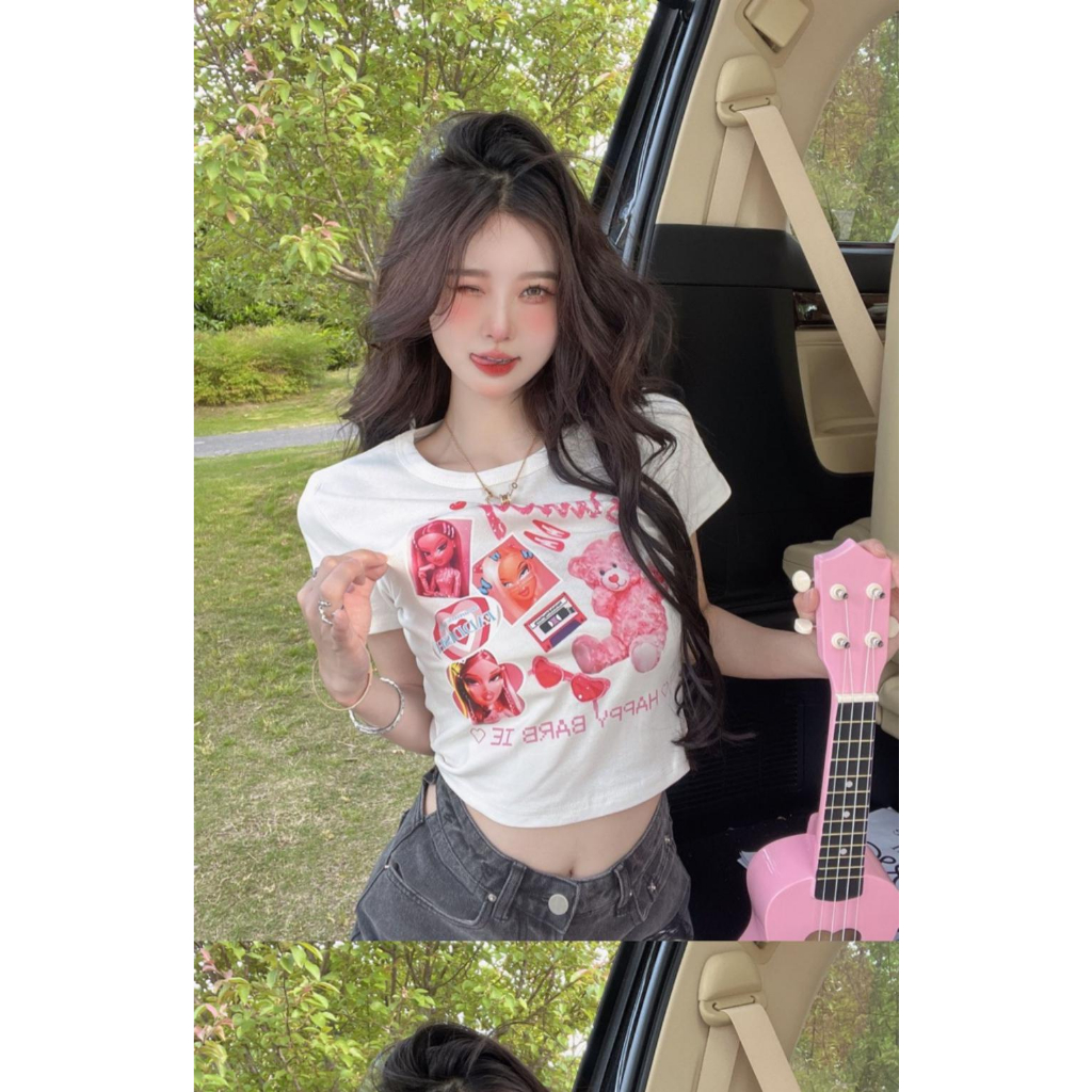 áo thun nữ hot girl ngọt ngào in hình hoạt hình mùa hè hở rốn, dáng ngắn ôm sát body 2023