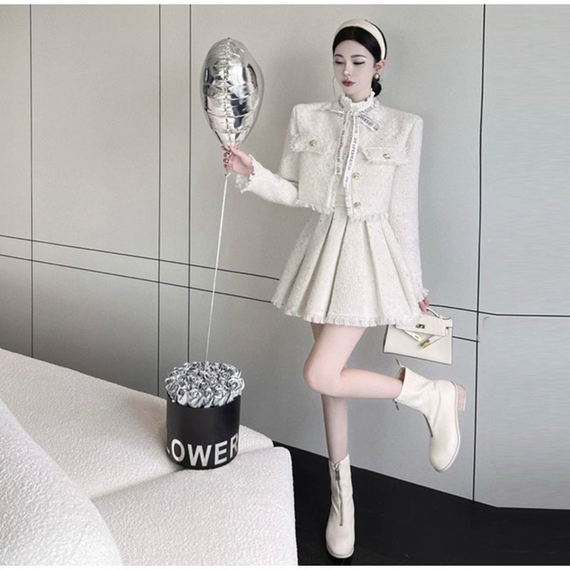 Set Dạ Tweed Áo Khoác Lửng Kèm Chân Váy Xoè Hai Màu Siêu Xinh Phong Cách Tiểu Thư_ Hàng Order Kèm Ảnh Thật