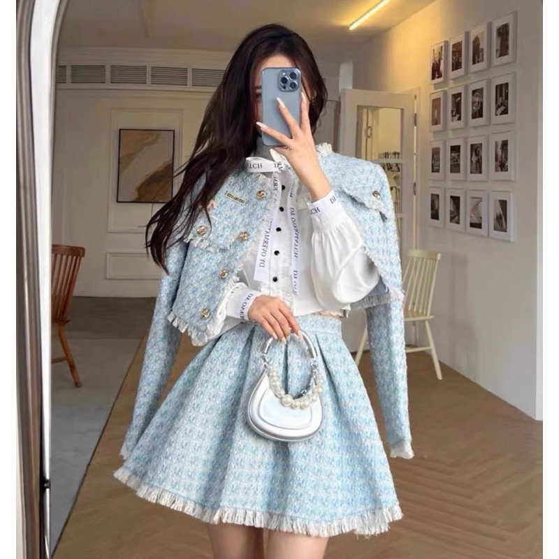 Set Dạ Tweed Áo Khoác Lửng Kèm Chân Váy Xoè Hai Màu Siêu Xinh Phong Cách Tiểu Thư_ Hàng Order Kèm Ảnh Thật
