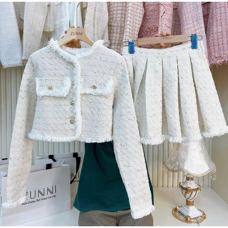 Set Dạ Tweed Áo Khoác Lửng Kèm Chân Váy Xoè Hai Màu Siêu Xinh Phong Cách Tiểu Thư_ Hàng Order Kèm Ảnh Thật