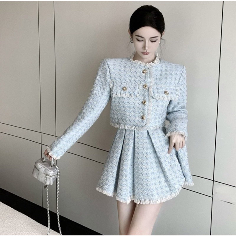 Set Dạ Tweed Áo Khoác Lửng Kèm Chân Váy Xoè Hai Màu Siêu Xinh Phong Cách Tiểu Thư_ Hàng Order Kèm Ảnh Thật