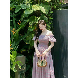 Đầm maxi caro nhúng thun ngực