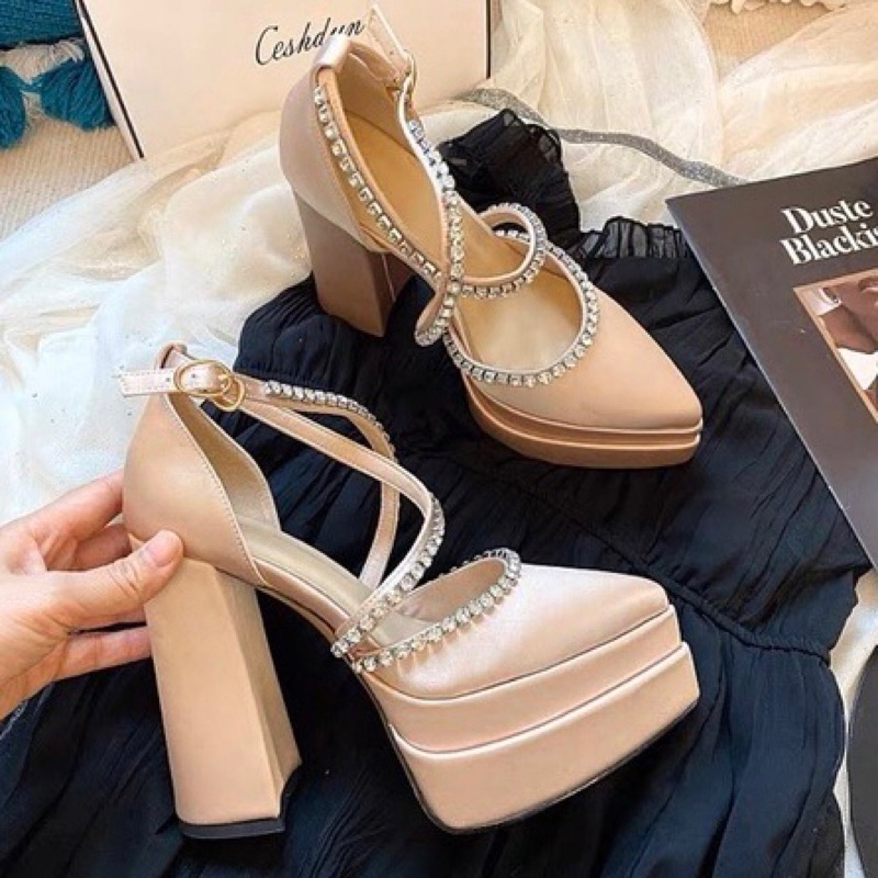 🌸ORDER 🌸 Giày đế đúp gót trụ dây đá chéo mũi nhọn & ảnh thật, 13cm 34-39