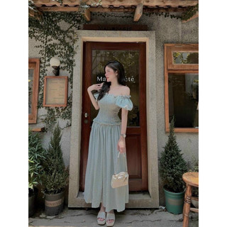 Đầm maxi caro nhúng thun ngực