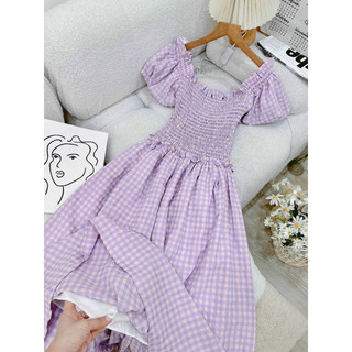 Đầm maxi caro nhúng thun ngực