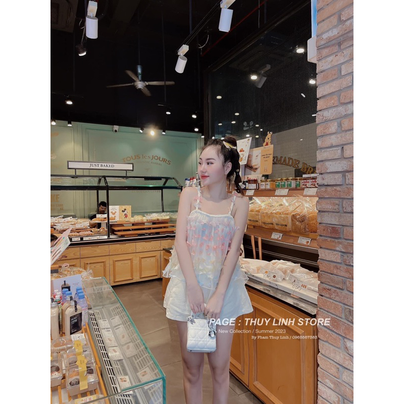 Set Áo 2 Dây Tơ Tết Sam Đính Bướm Nổi 7 Màu Hàng 2 Lớp Mix Quần Tacta Siêu Xinh