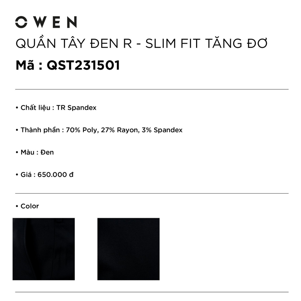 Quần âu tây nam công sở cao cấp OWEN QST231501 dáng slim fit ống ôm màu đen trơn vải polyester mềm mát