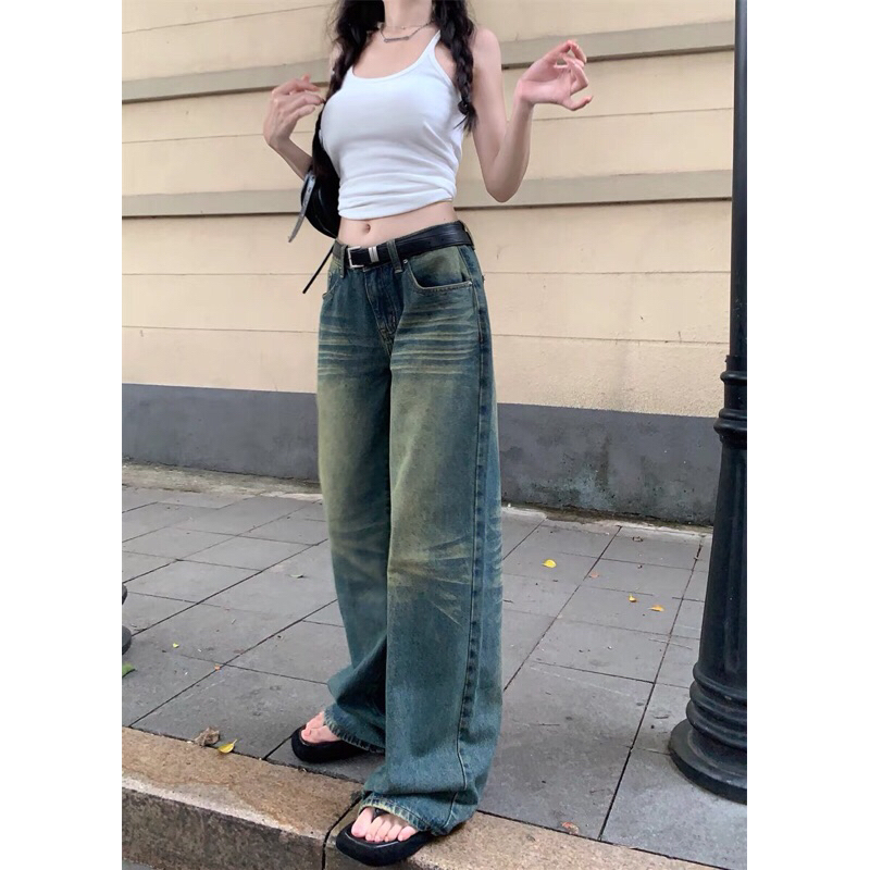 Varvet Quần Jeans Loang Bạc Ống Rộng Retro Cá Tính Retro Phong Cách Thời Trang