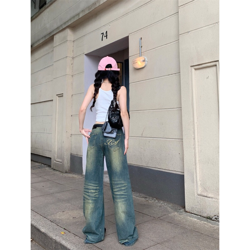 Varvet Quần Jeans Loang Bạc Ống Rộng Retro Cá Tính Retro Phong Cách Thời Trang