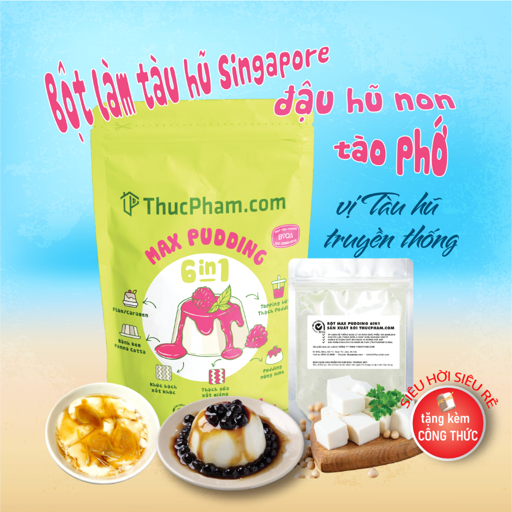 Set 100g Làm 1.2 KG Tàu Hũ Singapore Soya Pudding / Tào Phớ / Đậu Hũ Non Vị Truyền Thống, Lá Dứa, Caramel