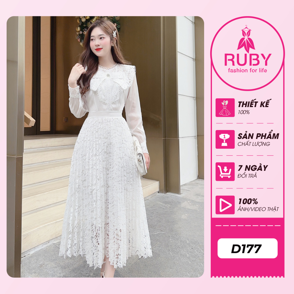 Đầm Ren Trắng Dáng Dài D177 Dập Ly Dáng Xòe Phối Nơ Ngực Cực Xinh