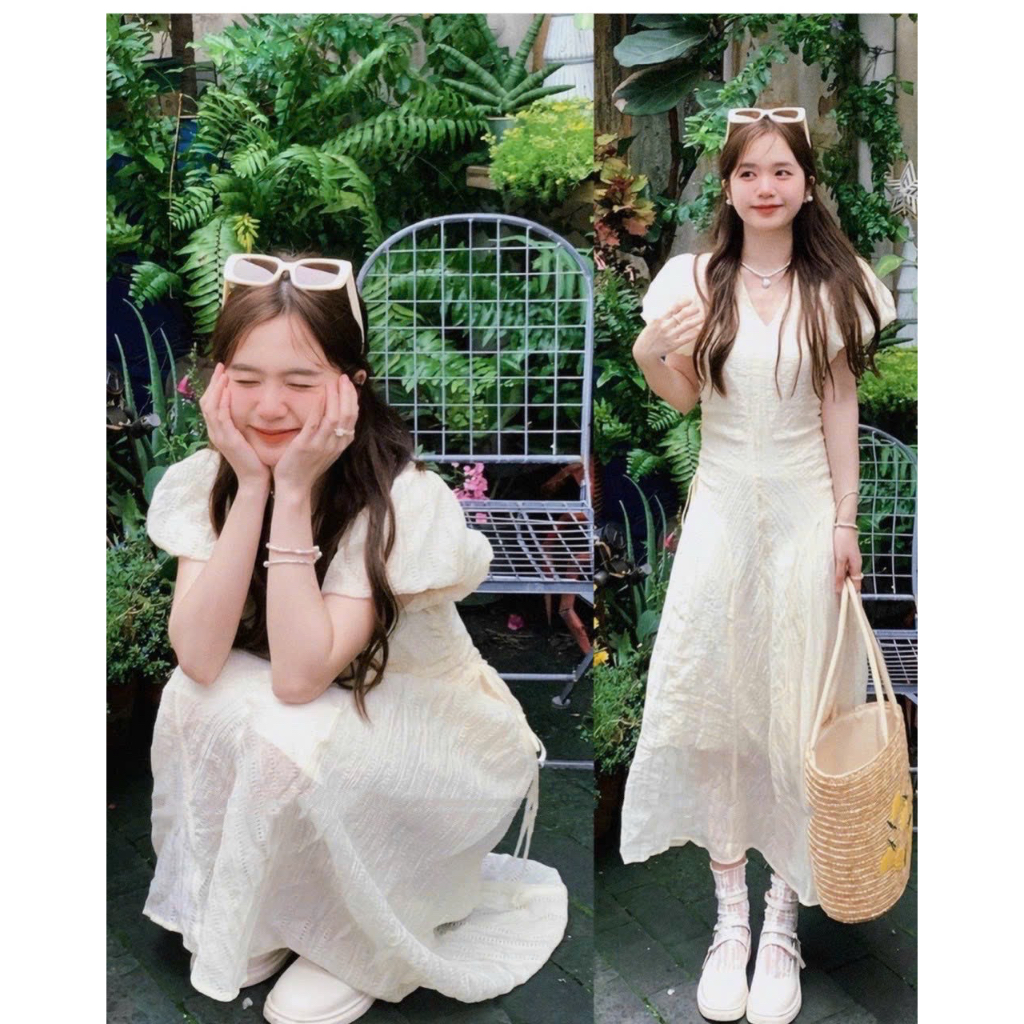 ĐẦM MIDI TAY PHỒNG CỔ V