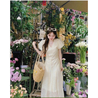 ĐẦM MIDI TAY PHỒNG CỔ V