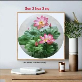 Tranh thêu chữ thập khung tròn,Tranh thêu hoa sen khung tròn