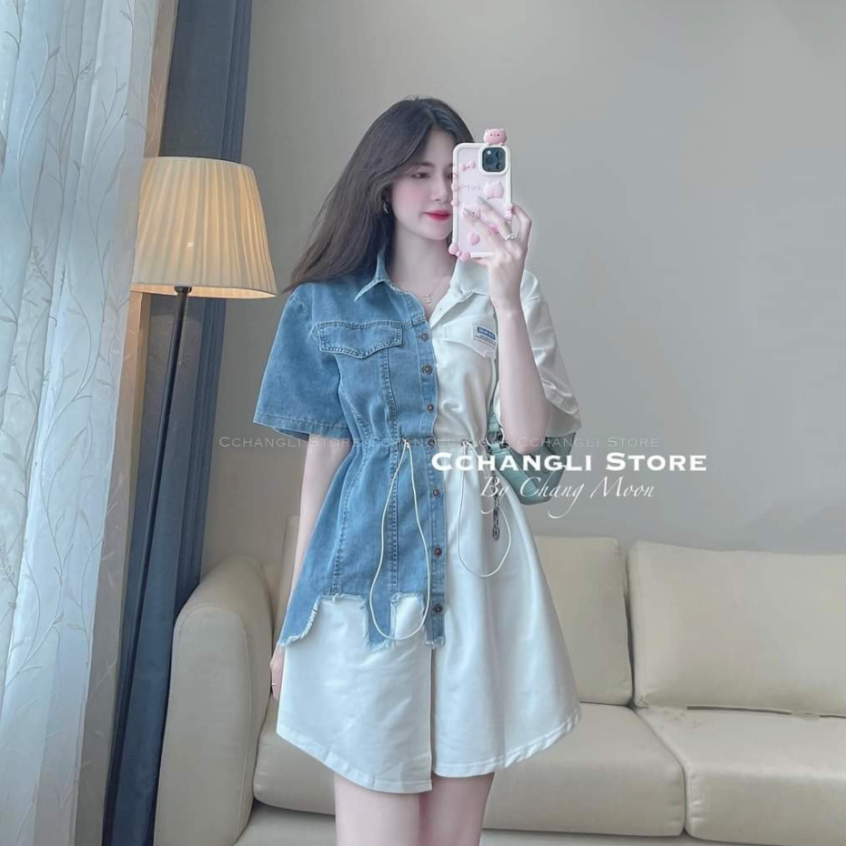 Váy sơ mi Hàn Quốc Váy kiểu kẻ dọc 2 màu dáng mini cộc tay
