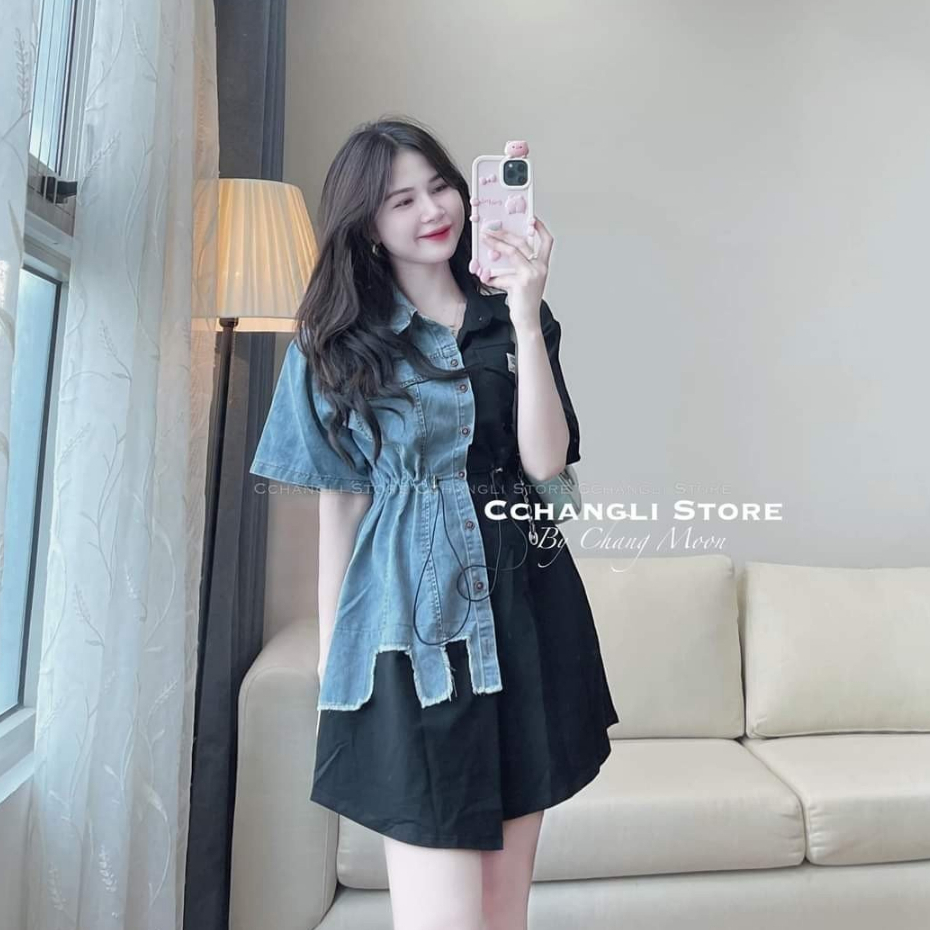 Váy sơ mi Hàn Quốc Váy kiểu kẻ dọc 2 màu dáng mini cộc tay