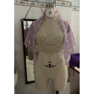 Set bikini len sợi kèm khăn choàng