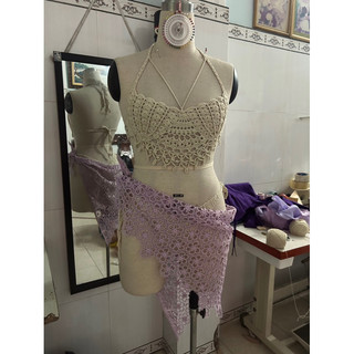 set bikini len sợi kèm khăn choàng
