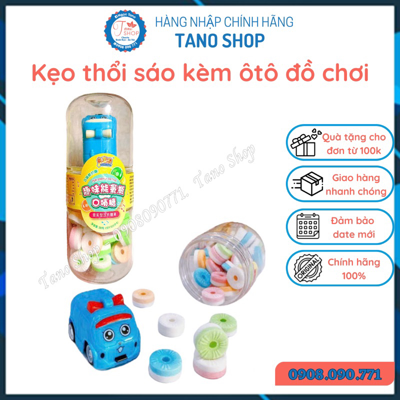 Một hũ kẹo thổi sáo 2 ngăn kèm Ô tô đồ chơi cho bé - Hongkong | Kẹo đồ chơi trẻ em TaNo