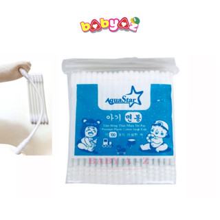 Tăm Bông Trẻ Em Kháng Khuẩn Cao Cấp Bịch 100 Que Nhựa 2 Đầu Tròn Xoắn Aquastar- Công Nghệ Korea