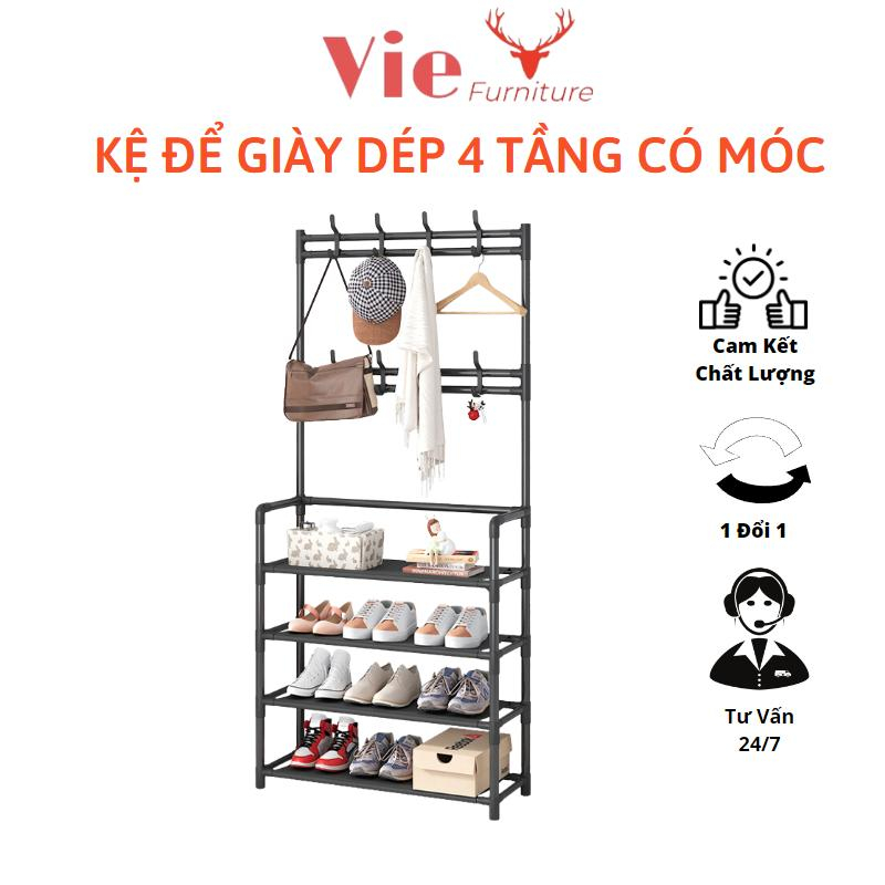 Kệ Để Giày Dép 4 Tầng Cao Kèm Theo Móc Treo Đồ - Giá Để Giày Dép Tiện Lợi