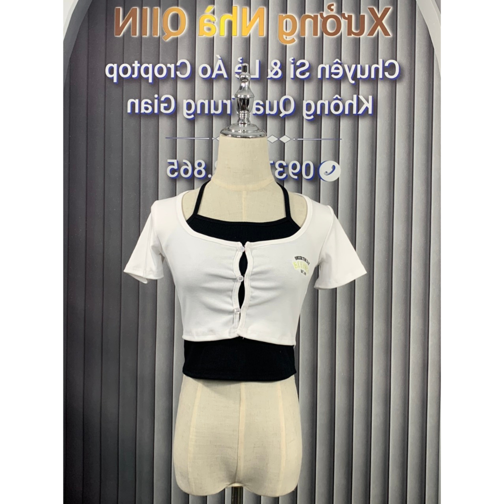Set Áo Croptop Tay Ngắn Cổ Chữ U Thêu Chữ Kèm Áo Yếm Hai Dây Bên Trong Phong Cách Đường Phố #A18